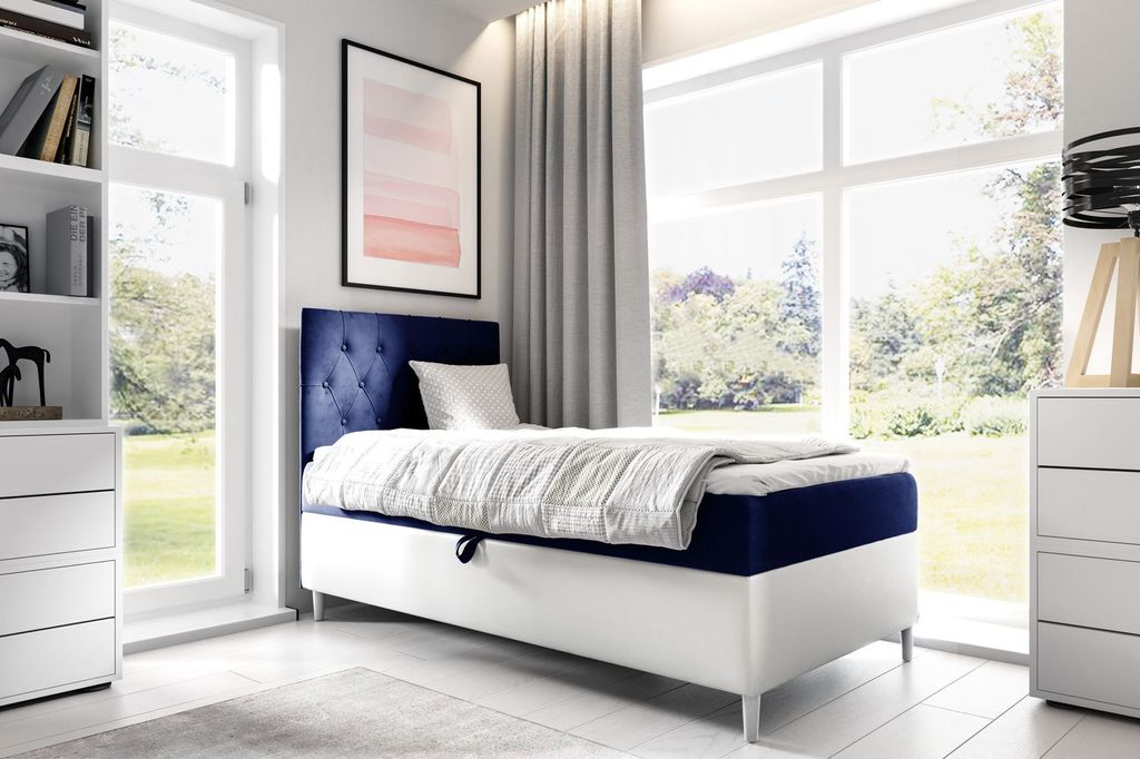 Kontinentales Bett 80x200 KAILI 1 – dunkelblau/weiß, links zu öffnend + GRATIS Matratzenauflage