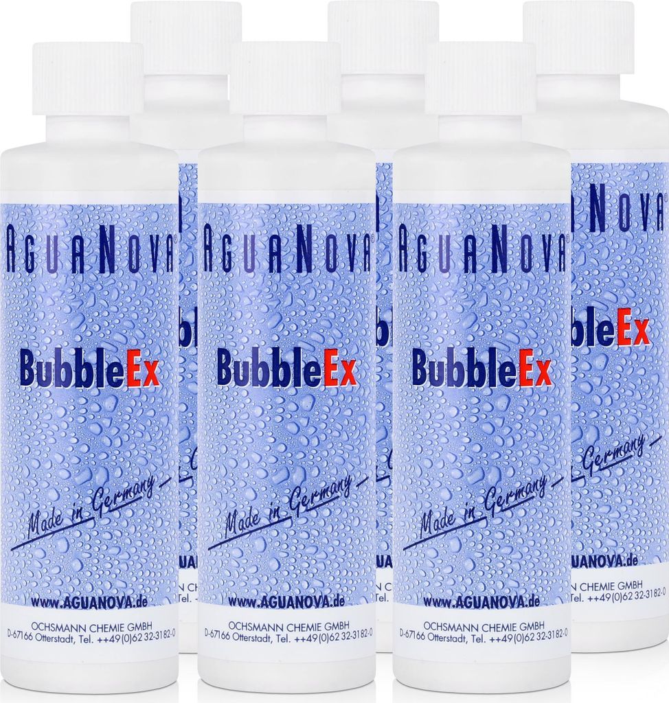 A product shot of multiple bottles of AguaNova BubbleEx liquid.