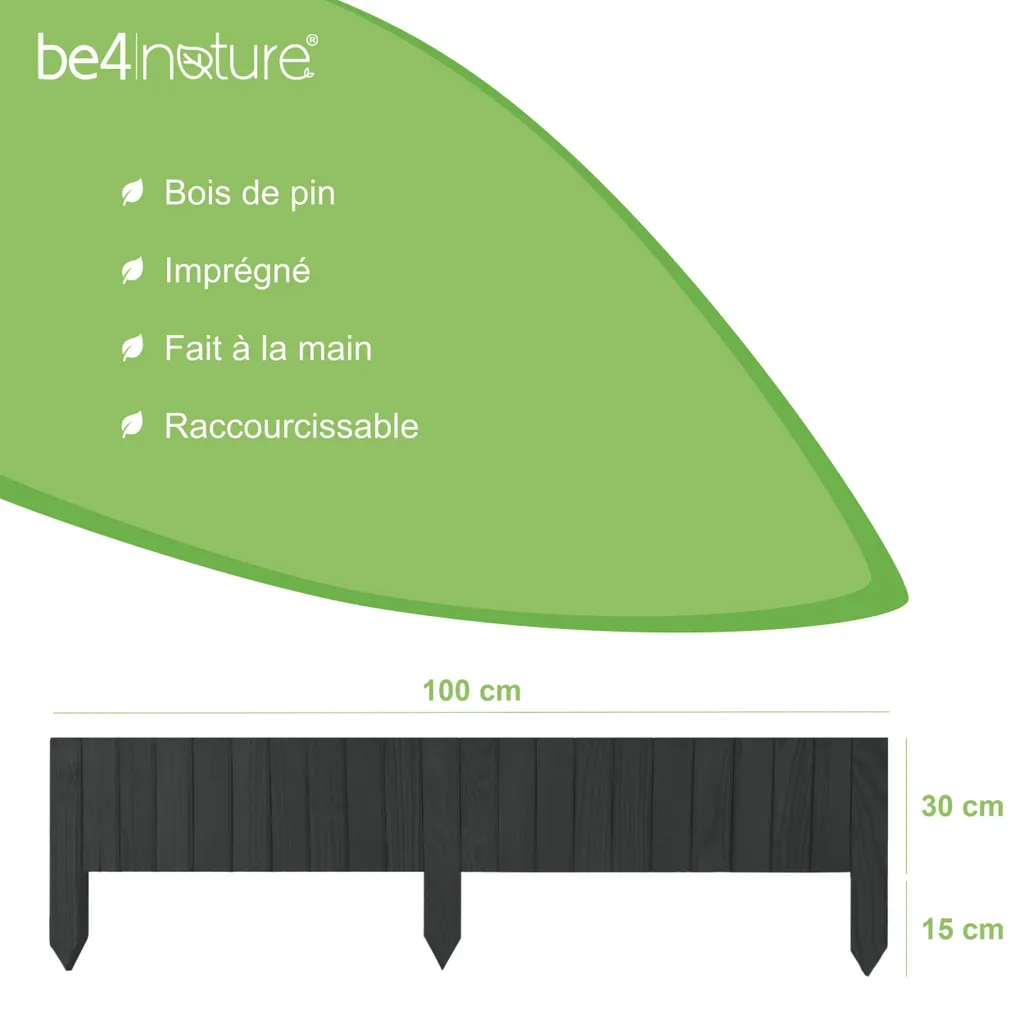 Rollborder be4nature 100x20 cm Gris Bordure de plate-bande en Pin