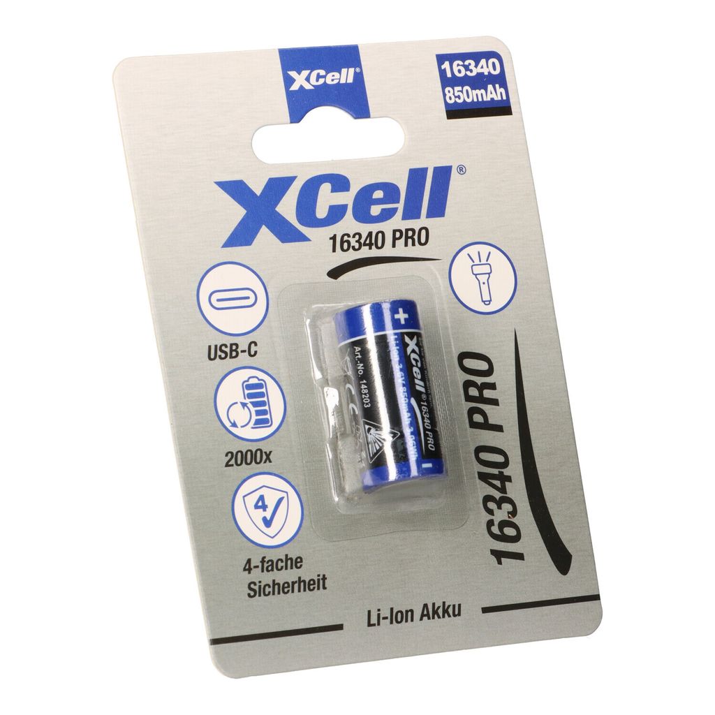 XCell Pro Li-Ion Akku Typ 16340 mit USB-C Ladebuchse (Höhe 36 mm, 3,6 V) 148203