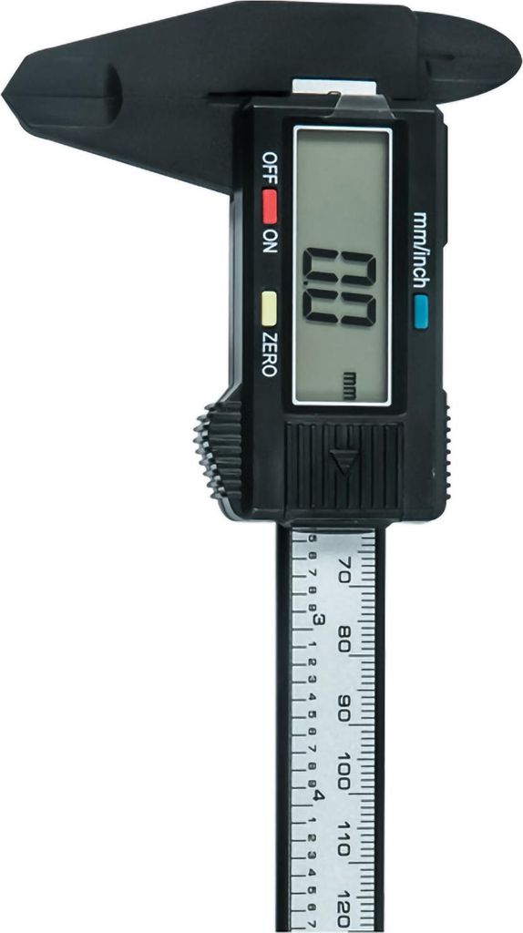Elektronischer Messschieber aus Kunststoff mit LCD-Bildschirm zur Messung von Innen- und Außendurchmessern, schwarzes Gehäuse