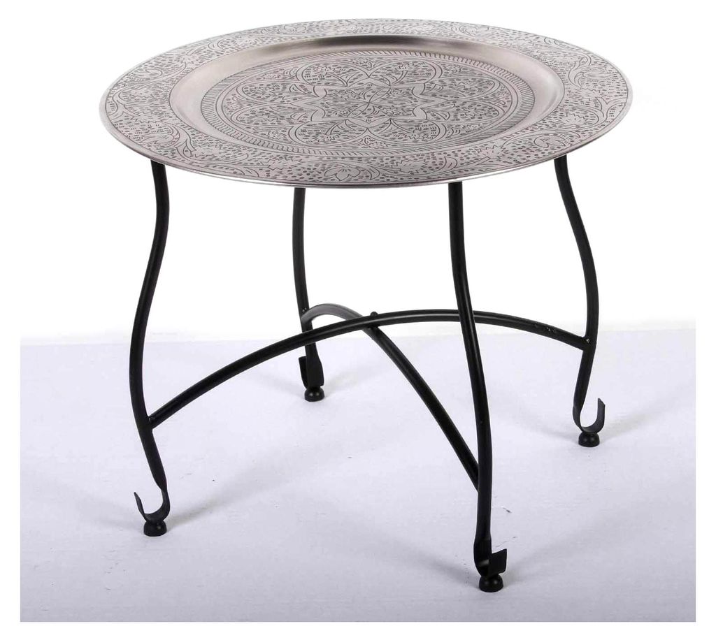 Orientalischer Teetisch Safi D50 cm | Beistelltisch mit Silbertablett und klappbarem Gestell in Schwarz | Handgefertigter Gartentisch Camping-Tisch...