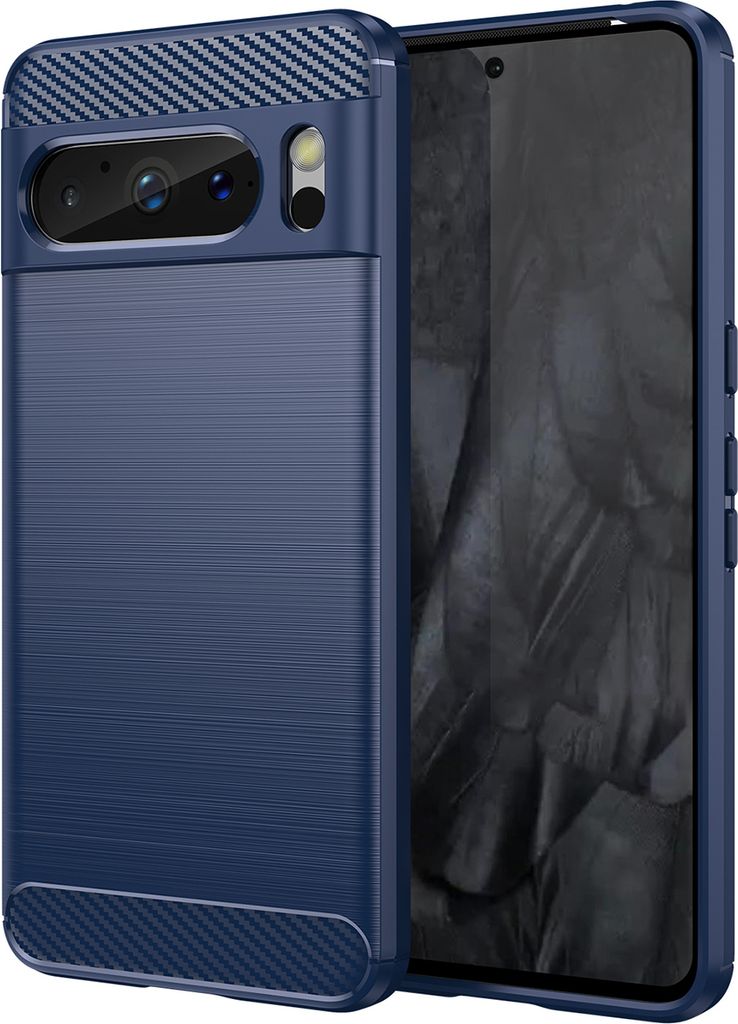 Google Pixel 8 Pro Hülle, Carbon-Faser TPU Silikon Stoßfest Schutzhülle für Google Pixel 8 Pro Blau
