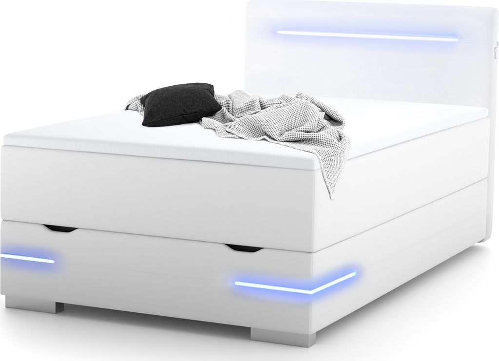 Dallas Boxspringbett 90x200 mit Bettkasten, LED Beleuchtung und USB Anschluss- bequemes LED-Bett mit einzigartiger Optik - Stauraumbett 90 x 200 cm