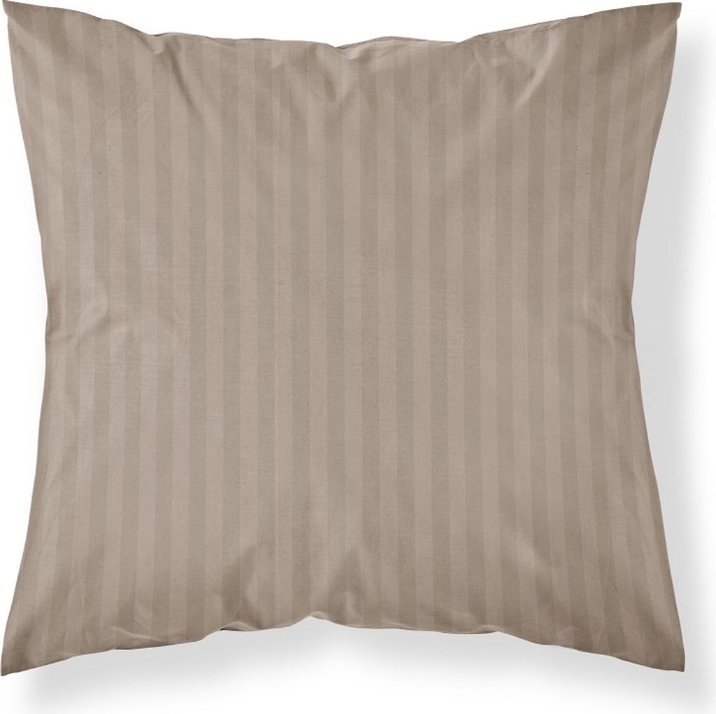 A taupe pillowcase with vertical stripes lies flat on a white background.
