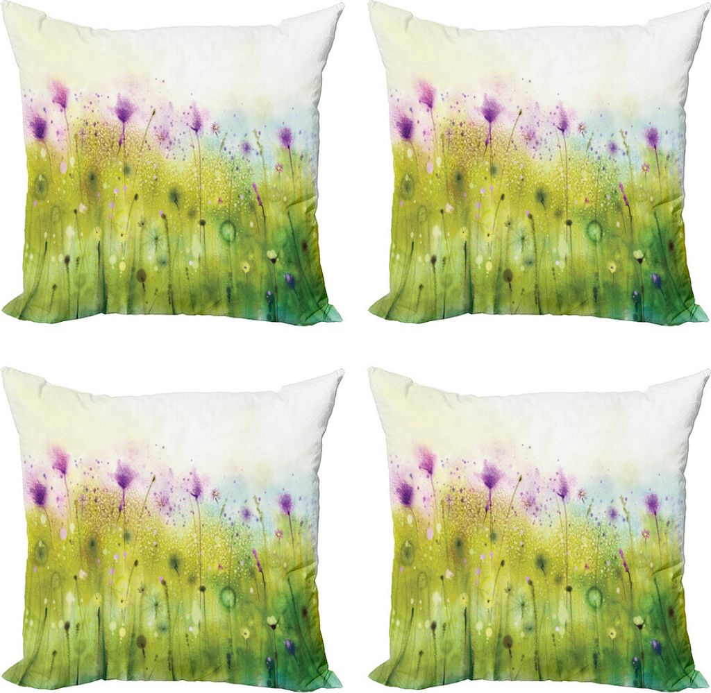 ABAKUHAUS Aquarell Kissenbezug Set (4 Stück), Lila Cosmos Flora, Moderner Doppelseitiger Digitaldruck, 50 cm x 50 cm, Lila Apple-Grün Weiß