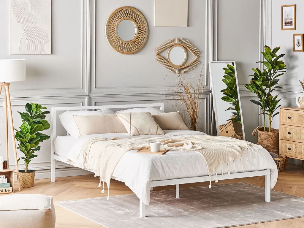 Grand lit double 160x200 cm en métal blanc style minimaliste