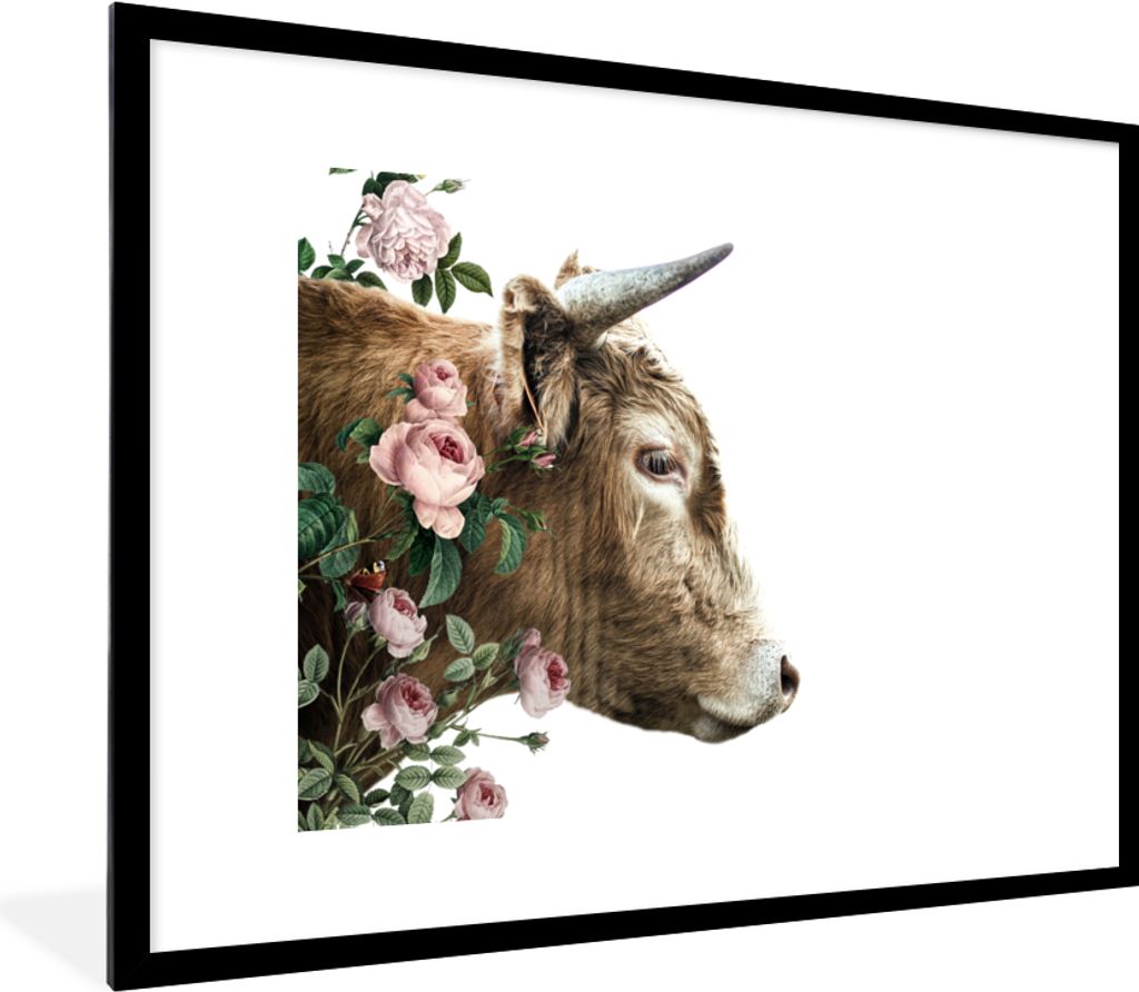 MuchoWow Gerahmtes Poster Schottischer Highlander - Blumen - Rosa - Weiß 80x60 cm - Poster mit Schwarzem Bilderrahmen Wandposter Rahmen Foto Bil...