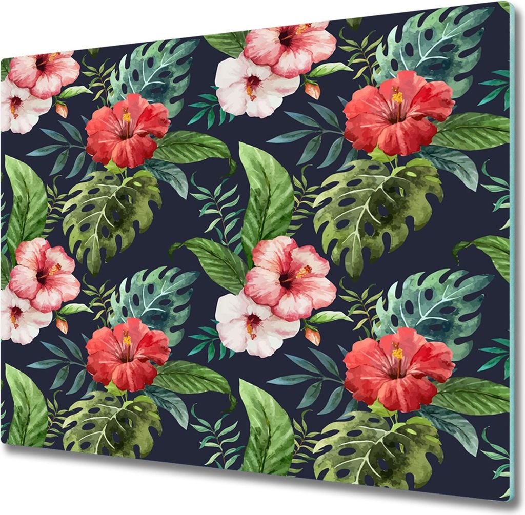 Glas Herdabdeckplatte 60x52 cm Spritzschutz Glasabdeckplatte Schneidebrett Tropische Blumen