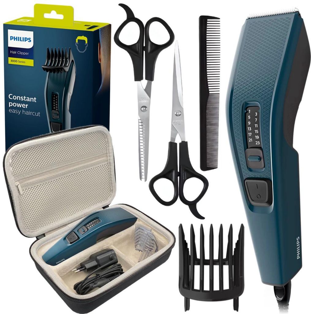 Philips HC3505/15 Rasierer + Schwarzes Etui für Rasierer und Rasierapparat + Friseurset (2 Scheren + Kamm)