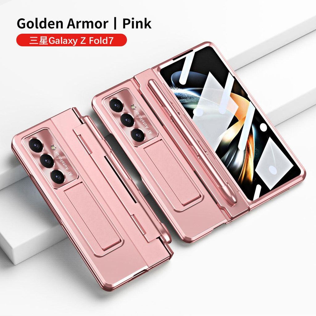 Hülle für Samsung Galaxy Z Fold 7 mit Displayschutz, Stifthalter und Objektivschutz Luxus Galvanisierte Ständer Schutzhülle Pink