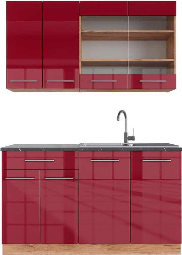 Singleküche Vicco Fame-Line Bordeaux Hochglanz/Goldkraft Eiche 140 cm , AP Anthrazit, Model 42795