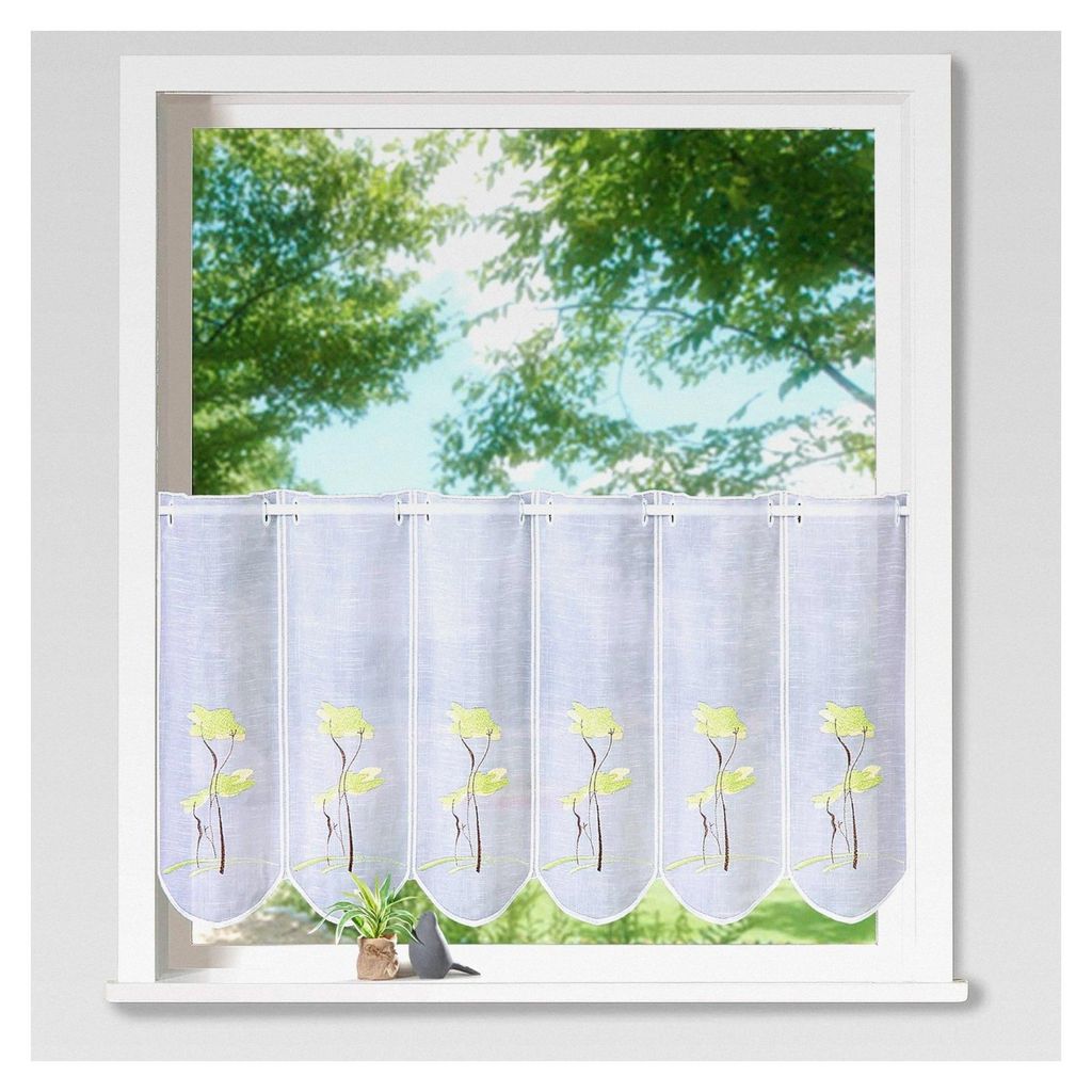 Scheibengardine Gingko Baum Leinenoptik Weiß halbtransparent Bestickt Bistrogardine Grün HxB 45 x 155 cm