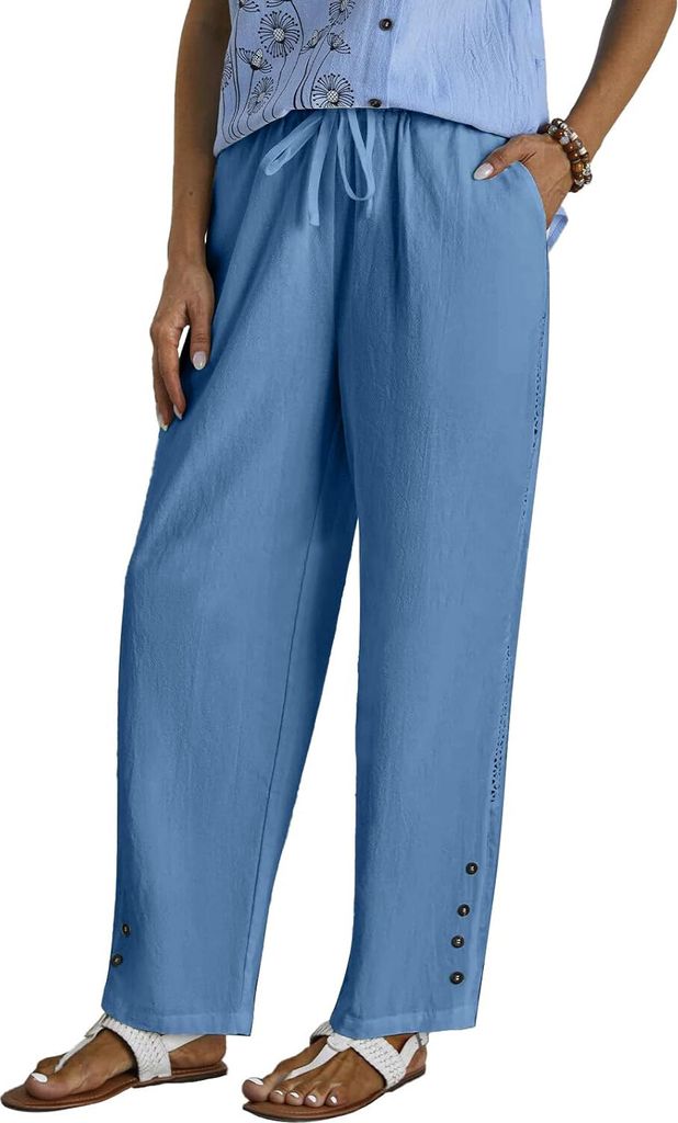 ASKSA Damen Leinenhose Casual Leicht Leinen Hose Gerades Bein Palazzo Freizeithose Einfarbig Hohle Sommerhose (Blau,XL)