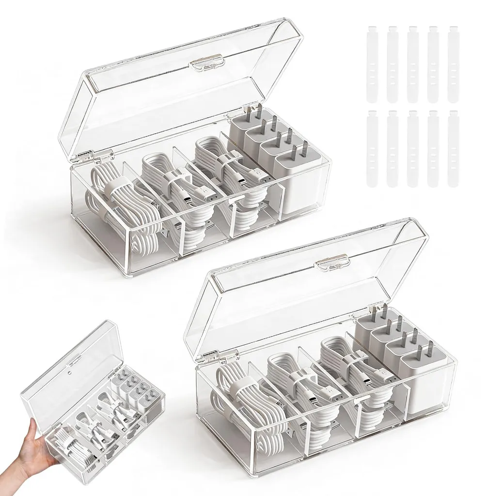 Boîte de rangement câbles transparente avec 10 attaches de fixation