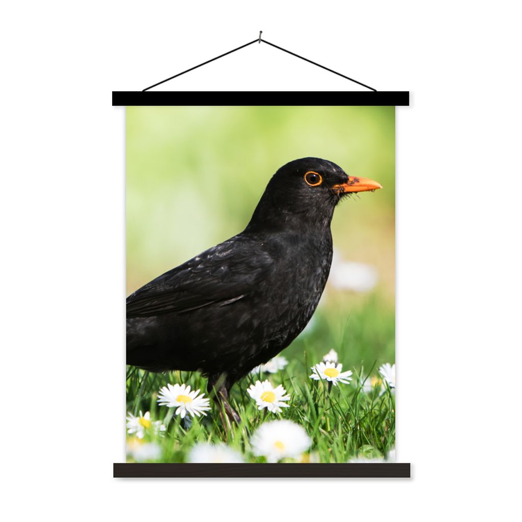 MuchoWow Textilposter Vogel - Amsel - Blumen 40x53 cm mit schwarzem Rahmen - Abbildung