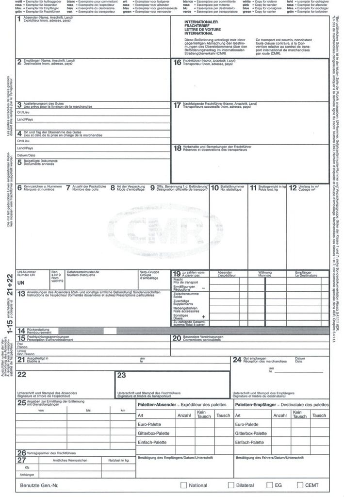RNK Internationaler Frachtbrief (CMR), DIN A4, 1 x 4 Blatt, SD.