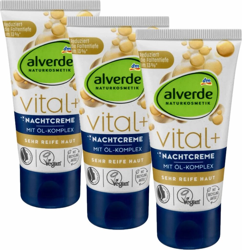 3 x alverde Naturkosmetik - Vital+ Nachtcreme / Gesichtscreme mit Öl-Komplex (3 x 50 ml)