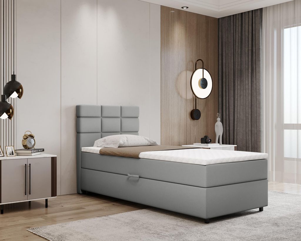Boxspringbett 90x200, mit Bettkasten, Hellgrau, Matratze und Topper, Einzelbett, REVE, Panda Möbel