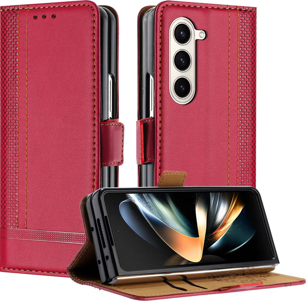 Handyhülle für Samsung Galaxy Z Fold 5 Leder Flip Klappbare Schutzhülle mit Standfunktion Rot