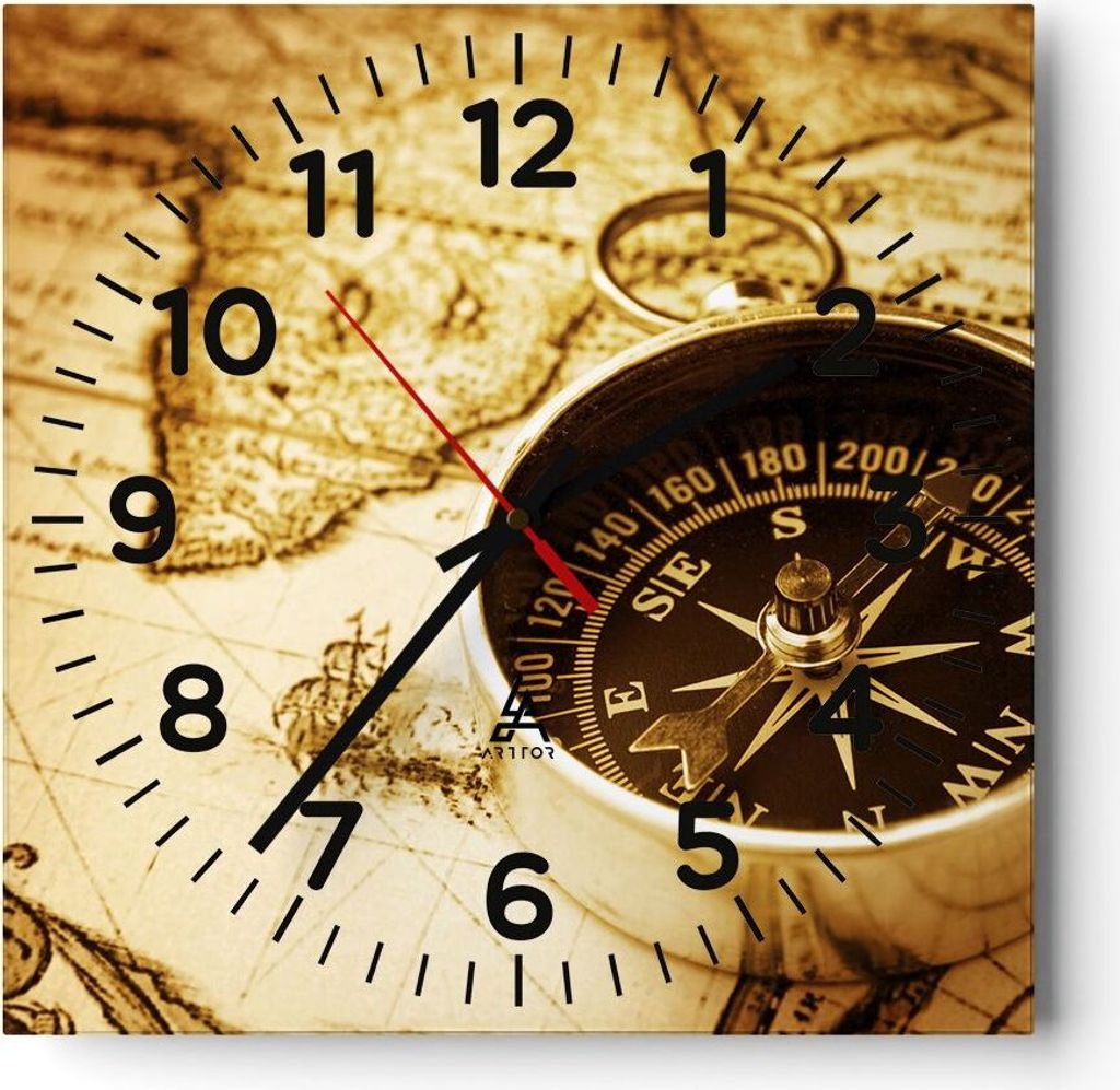 Wanduhr - Quadrat - Glasuhr - Kompass alt reisen Reise - 40x40cm - Schleichendes Uhrwerk - Lautlos - zum Aufhängen bereit - Dekoration Modern - Wa...