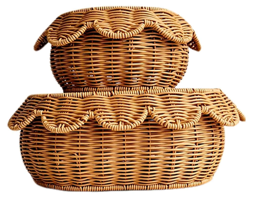 Gewellter Korb, handgewebt, 2 Stück, großes Fassungsvermögen, Rattankorb mit Deckel, geeignet für Schlafzimmer, Wohnzimmer, Weihnachten, Obst, ...