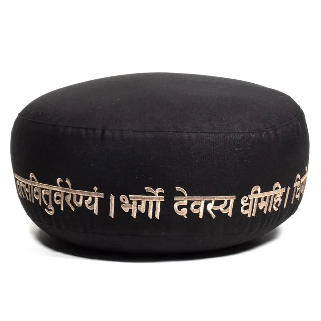 Zafu de méditation rond en coton bio imprimé Gayatri Mantra 33x17 cm