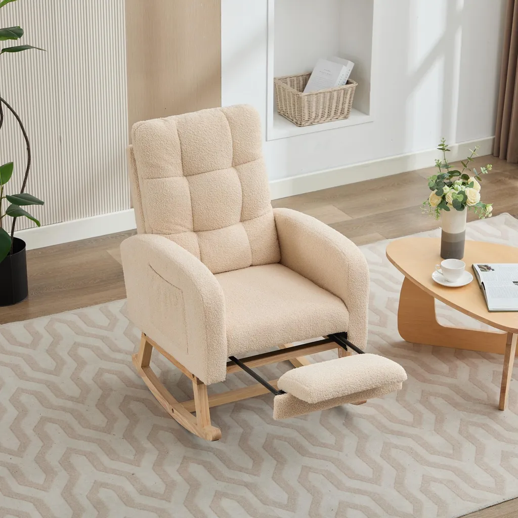 Fauteuil relax Merax velours Teddy beige, structure bois et poche pratique