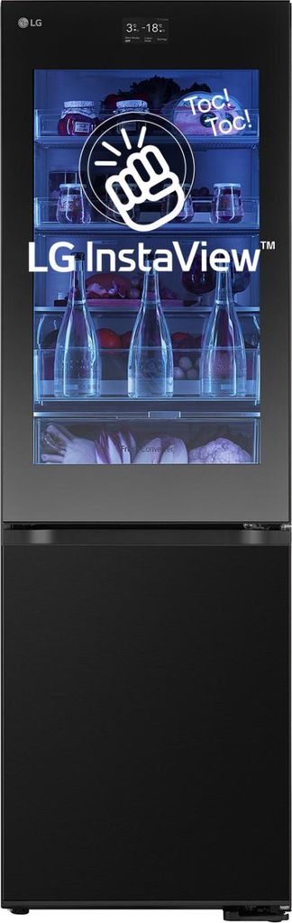 A black LG InstaView refrigerator with a glass door that lights up when tapped.