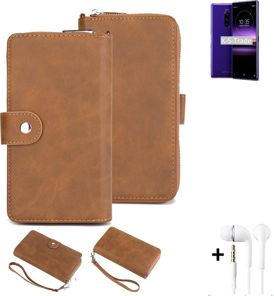 K-S-Trade Handy Schutz Hülle kompatibel mit Sony Xperia 1 + Kopfhörer Portemonnee Tasche Wallet-Case Bookstyle-Etui braun (1x)
