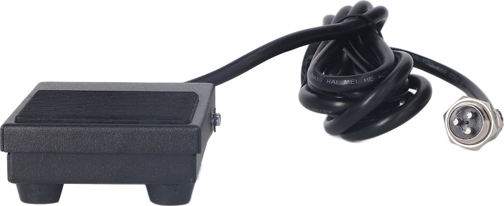 A black foot pedal switch with a coiled black cable and a silver connector is shown against a white background.