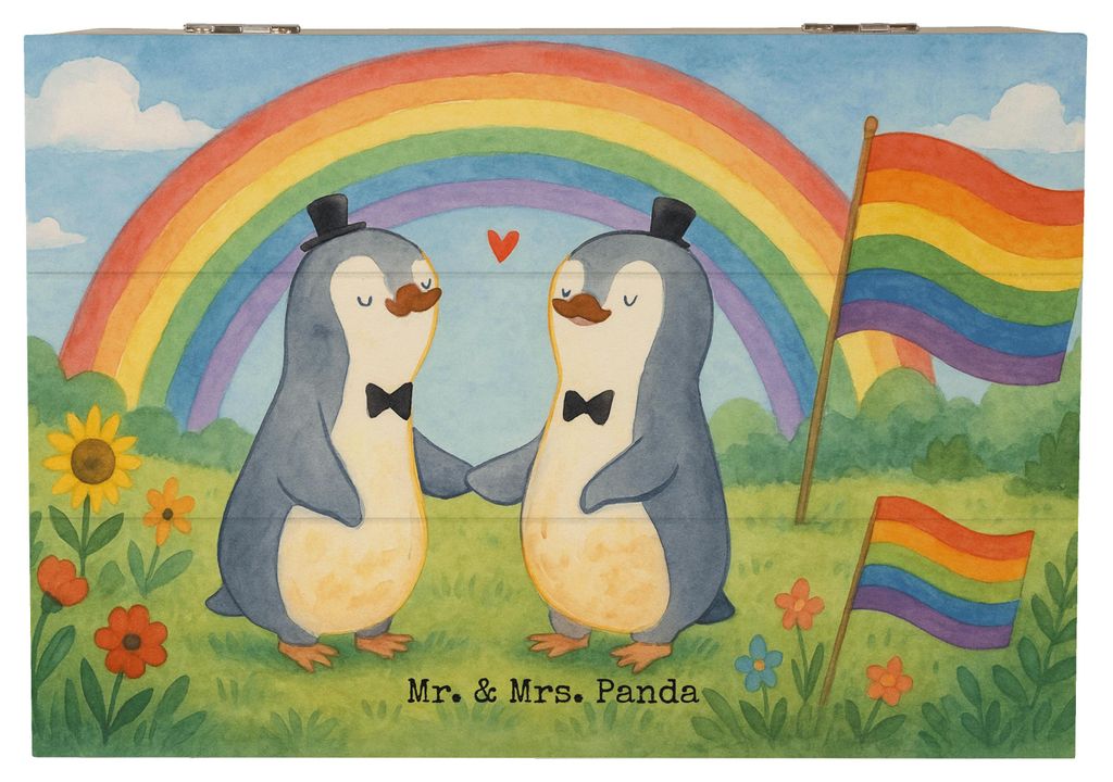Mr. & Mrs. Panda Box Pinguine Gay Pride Design 22 x 15 cm - Weiß - Geschenk, fotobox, Geschenkbox, Kiste, schatztruhe, Holzkiste mit Deckel, Hochz...
