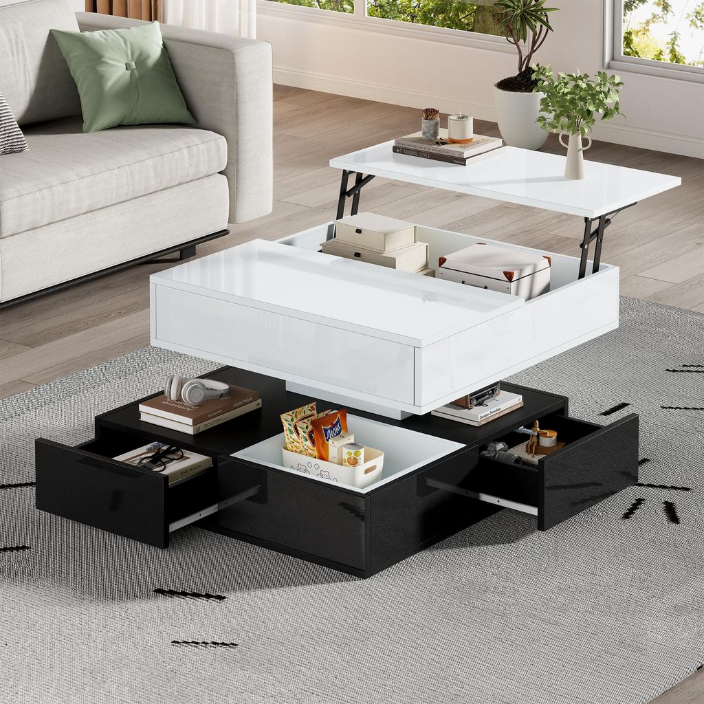okwish Anhebbarer Couchtisch Beistelltisch mit 360°drehbarer Tischplatte,Doppelschicht Wohnzimmertisch mit 3 Schubladen und Stauraum,Weiß+Schwarz