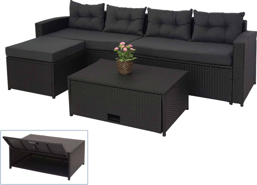 Poly-Rattan Garnitur MCW-J34, Balkon-/Garten-/Lounge-Set Sitzgruppe Sofa, Staufach schwarz, Kissen dunkelgrau