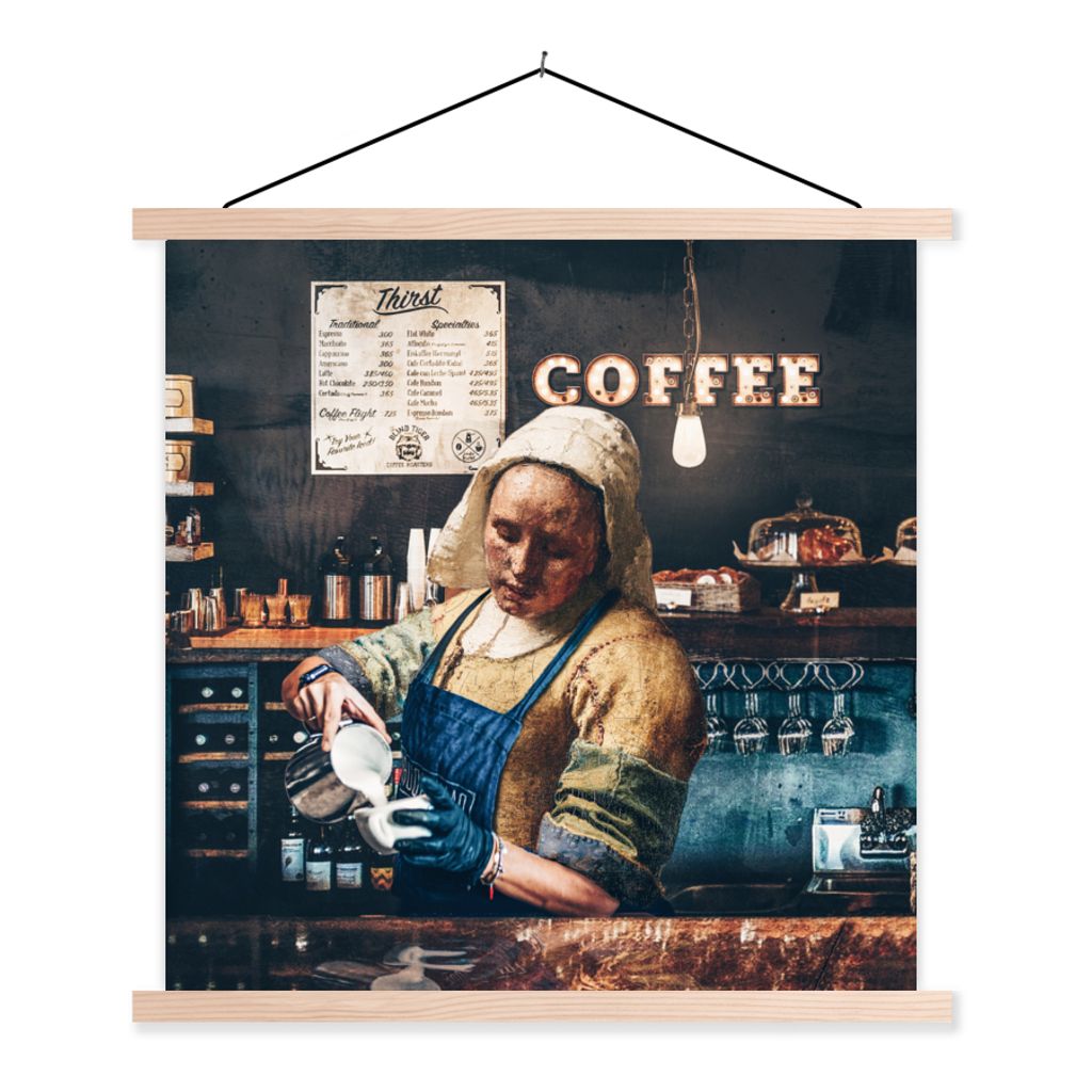 MuchoWow Textilposter Milchmädchen - Barista - Cappuccino - Vermeer - Kaffee - Kunst _ Malerei 40x40 cm mit holzfarbenen Rahmen - Posterleiste