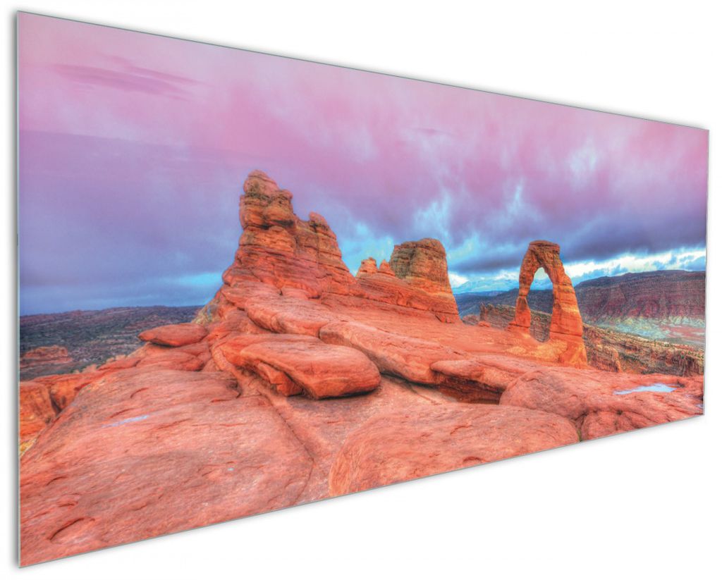 Wallario Küchenrückwand aus Glas, Größe: 125 x 50 cm, Motiv: Farbenfrohes Naturdenkmal - Steinbogen im Nationalpark Arches | Spritzschutz | abw...