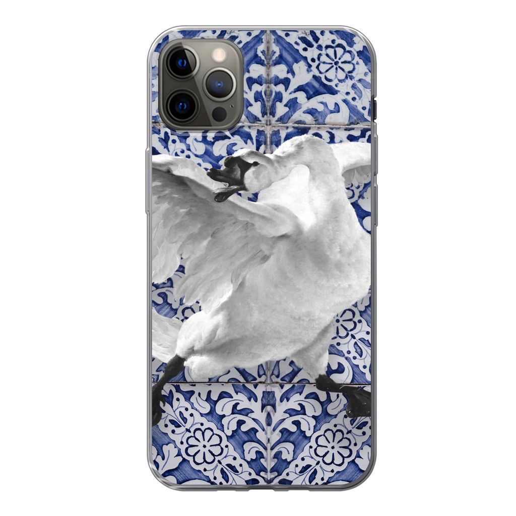 MuchoWow Handyhülle Schutzhülle Hülle für iPhone 12 Pro Max Schwan - Kunst - Delfter Blau - Malerei - Alte Meister Silikon Softcase Handy Hü...