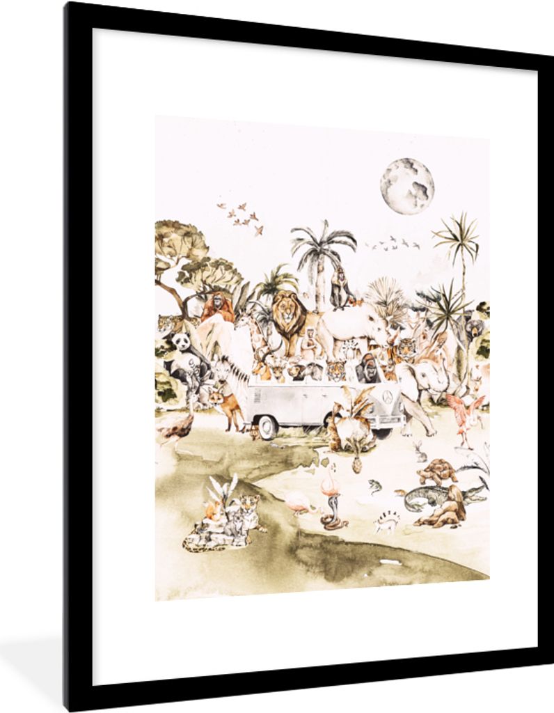 MuchoWow Gerahmtes Poster Bus - Tiere - Kinder - Jungen - Mädchen - Palme 60x80 cm - Poster mit Schwarzem Bilderrahmen Wandposter Rahmen Foto Bi...