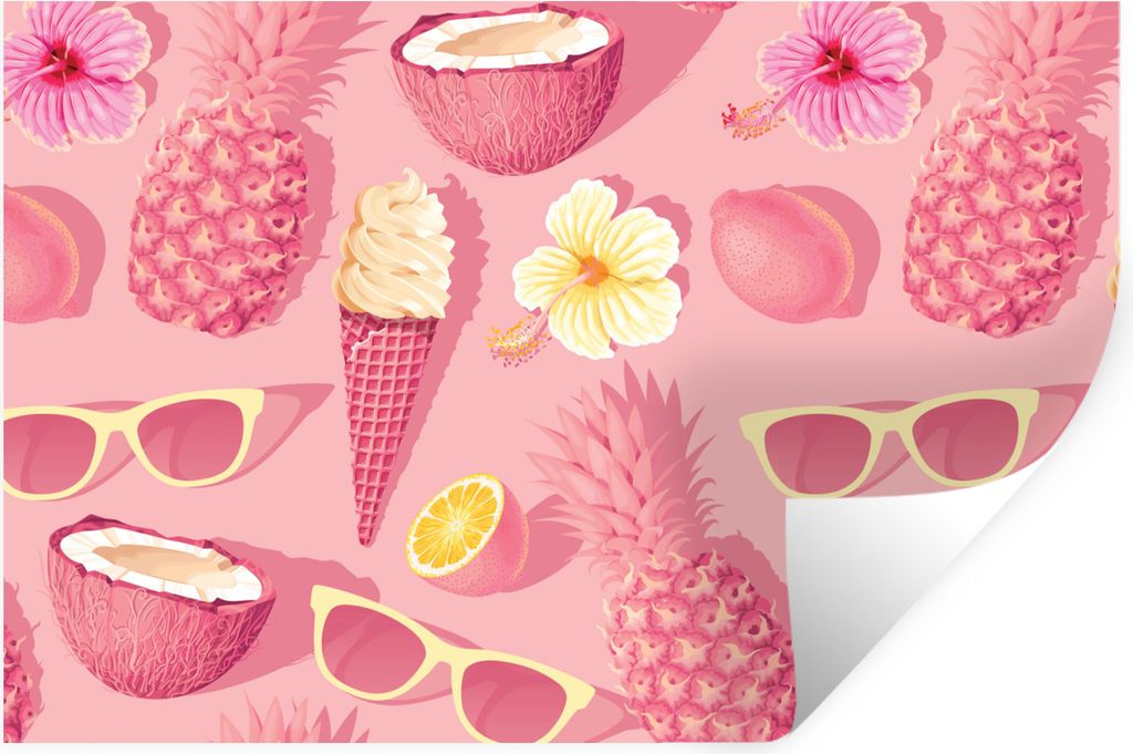MuchoWow Wandtattoo Wandsticker Wandaufkleber Sommer - Muster - Rosa 120x80 cm Selbstklebend und Repositionierbar - Selbstklebend - Fototapeten
