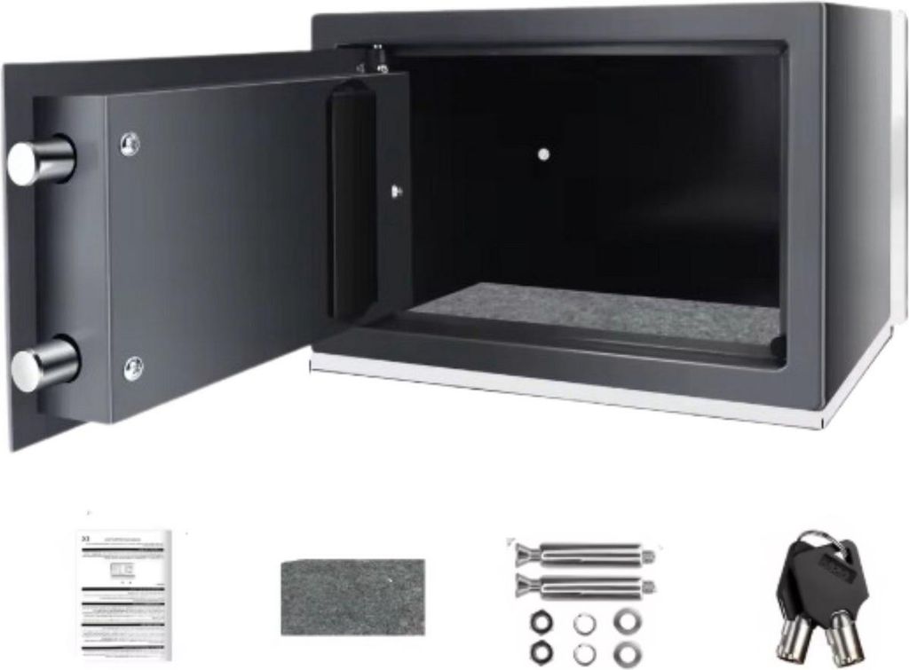 An open safe with its accessories laid out below.