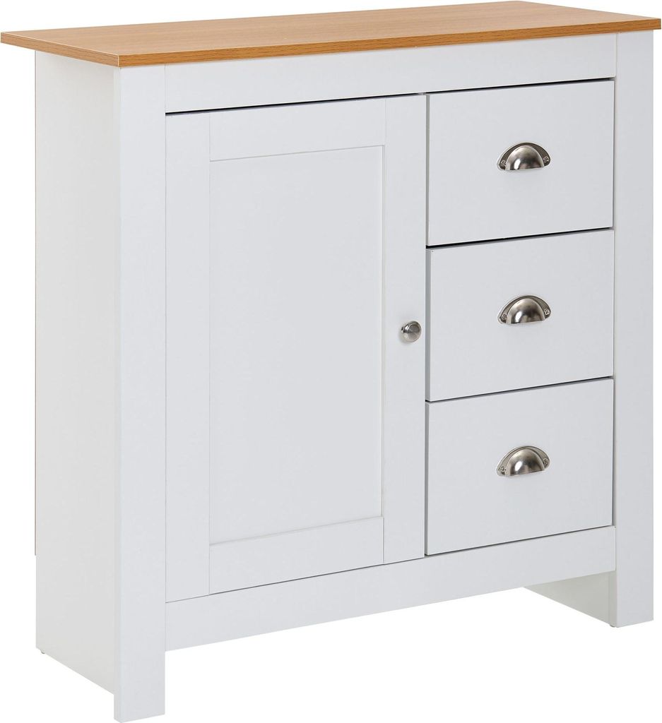 A white and wood sideboard with three drawers and one door.
