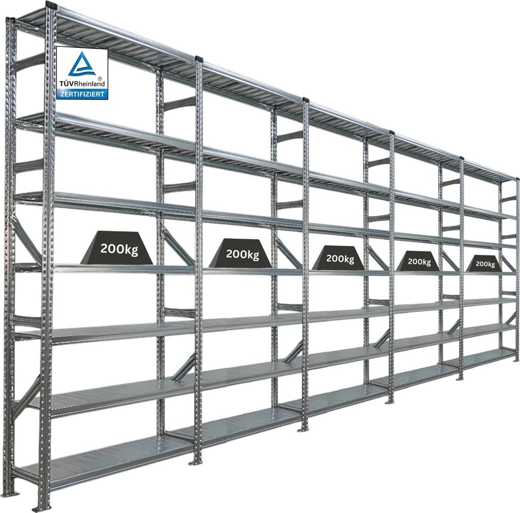 Fachbodenregal PROXIMO mit Stecksystem | Komplettregal | HxBxT 240x600x32cm | 7 Ebenen | Beidseitig nutzbar | Verzinkt