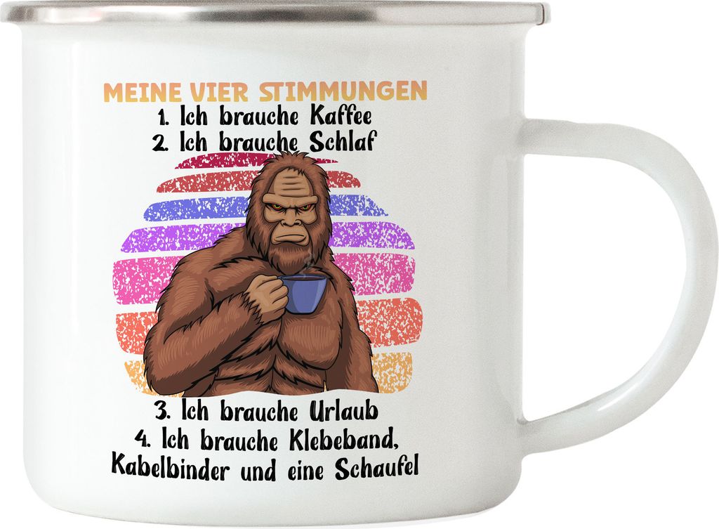 Meine Vier Stimmungen Emaille Tasse Kaffee Schlaf Urlaub Klebeband Kabelbinder Schaufel Gorilla Pessimist Leben
