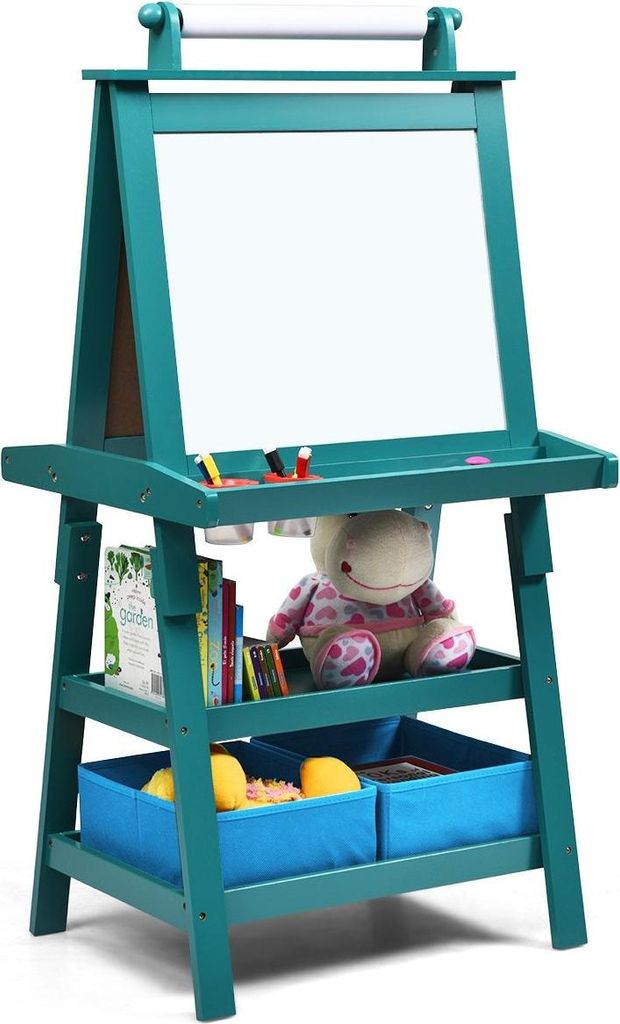 3 in 1 Kinder Staffelei Kindertafel doppelseitig Whiteboard & Kreidetafel & Zeichenpapier 59 x 50 x 117 cm Blau