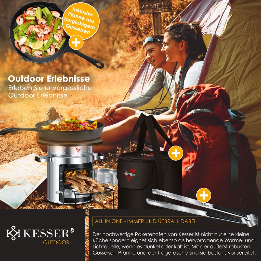 KESSER® Raketenofen Inkl. Grillpfanne Aus Gusseisen Mit Tragetasche, Dutch Oven BBQ Rakete Holzofen Camping Campingkocher Campinggrill, Edelstahl | - Einfach Besser Einkaufen