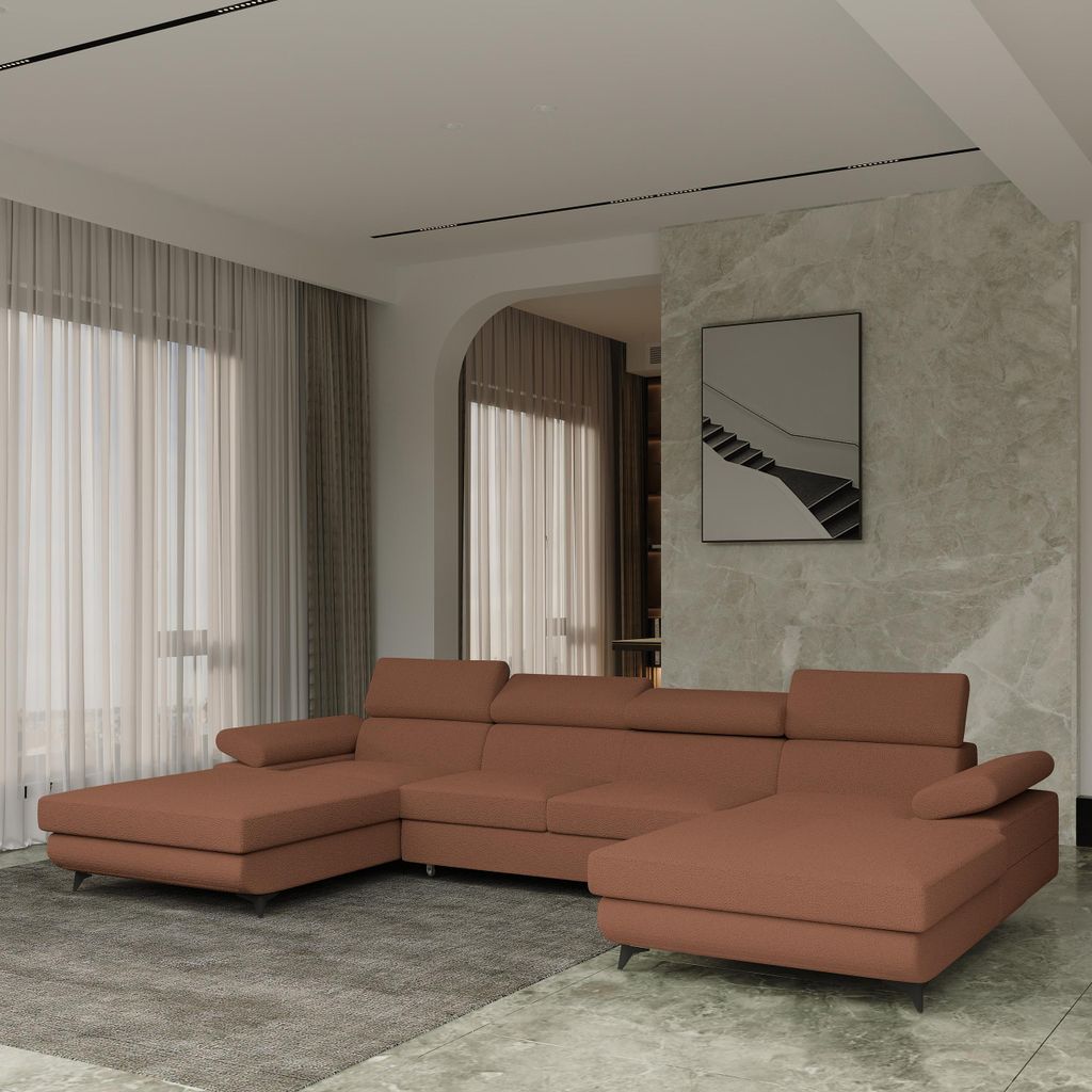 Masseno Ecksofa DETTI mit Schlaffunktion U-Form, Sofa mit Bettkasten, Wohnzimmersofa, Couch, Soffa, Bettsofa, Couchgarnitur- Orange, QUELLE 54
