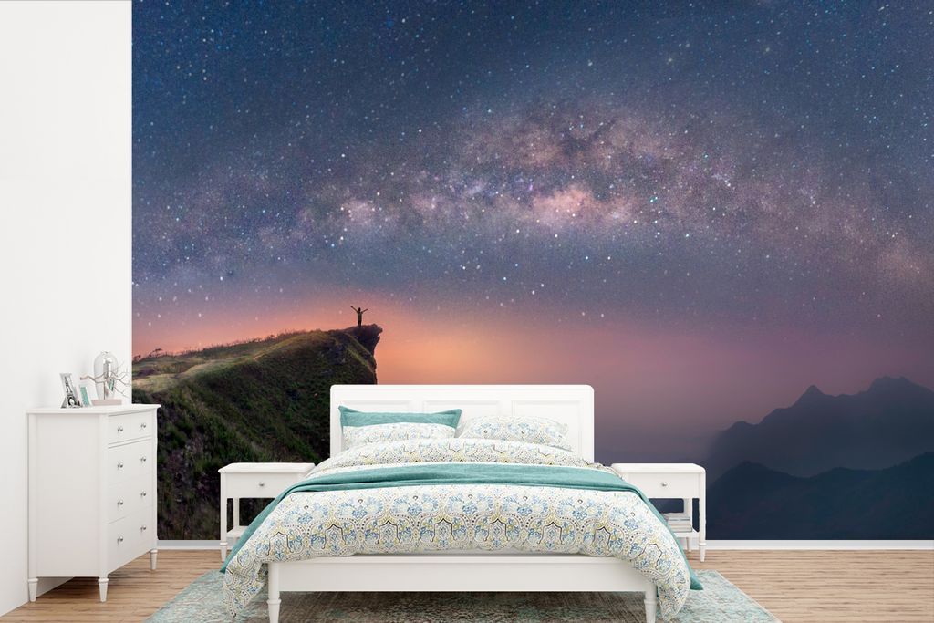 MuchoWow Fototapete für Wohnzimmer oder Schlafzimmer Wandtapete Vinyl Motivtapete Sternenhimmel - Berg - Sterne - 390x260 cm - Papiertapete