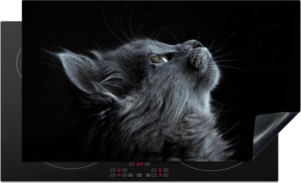 KitchenYeah Herdabdeckplatte Katze - Licht - Schwarz , 91x52cm, Küche Deko, Glaskeramikfeld Herdabdeckung, Abdeckplatte fùr Kochfeld