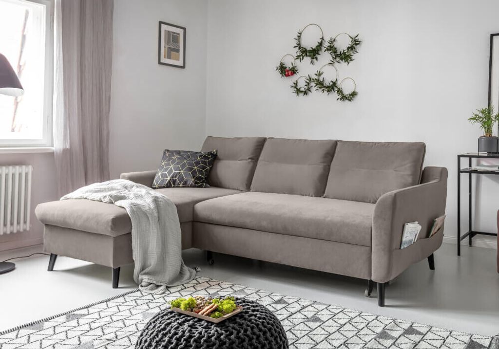 MIUFORM Stylish Stan Velours - Ecksofa mit Bettfunktion - 224x148cm - Dunkelbeige - L-Form Links - Schlafsofa Couch