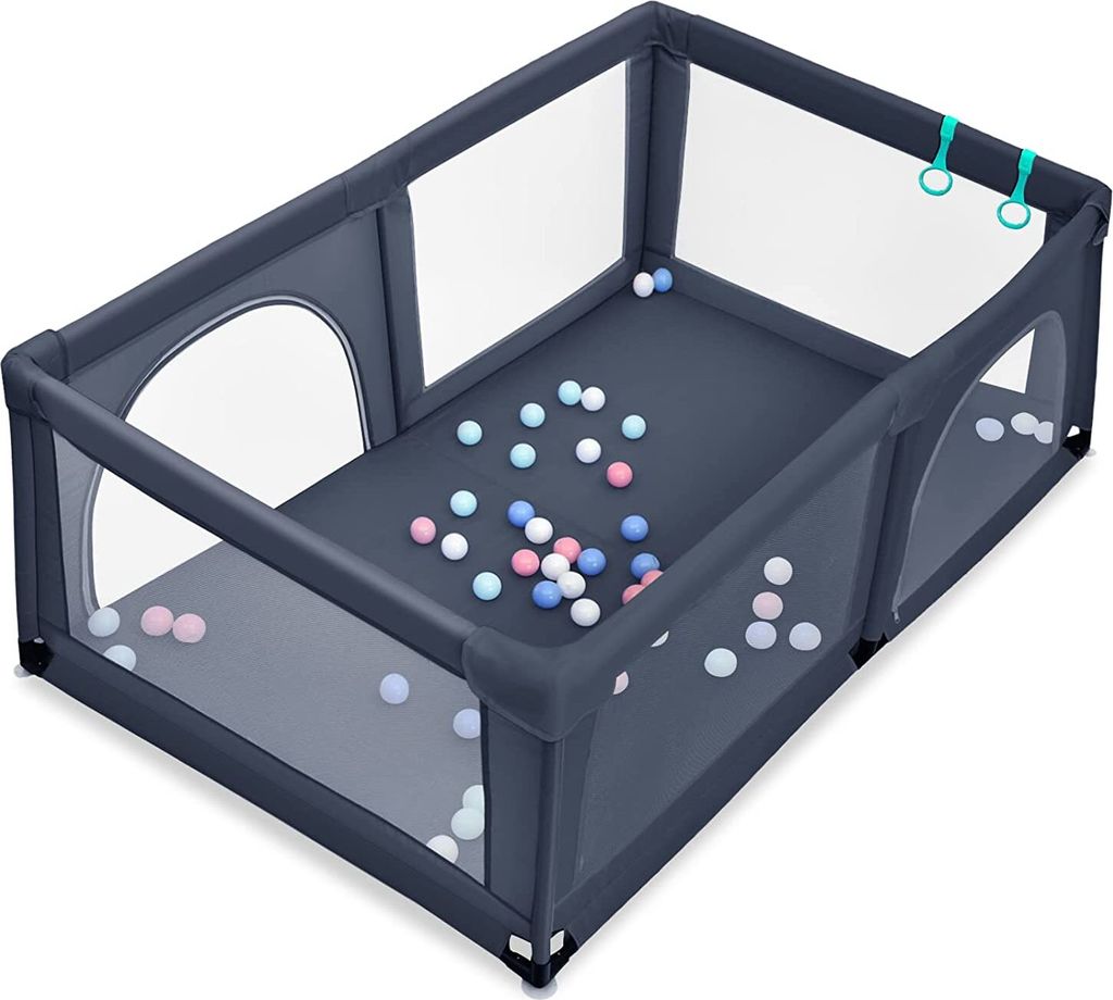 Laufgitter Baby mit Tür, 190 x 120cm, Krabbelgitter mit 50 Bunten Bällen, Absperrgitter mit Atmungsaktivem Netz, für Baby ab 10 Monate, Aktivit...